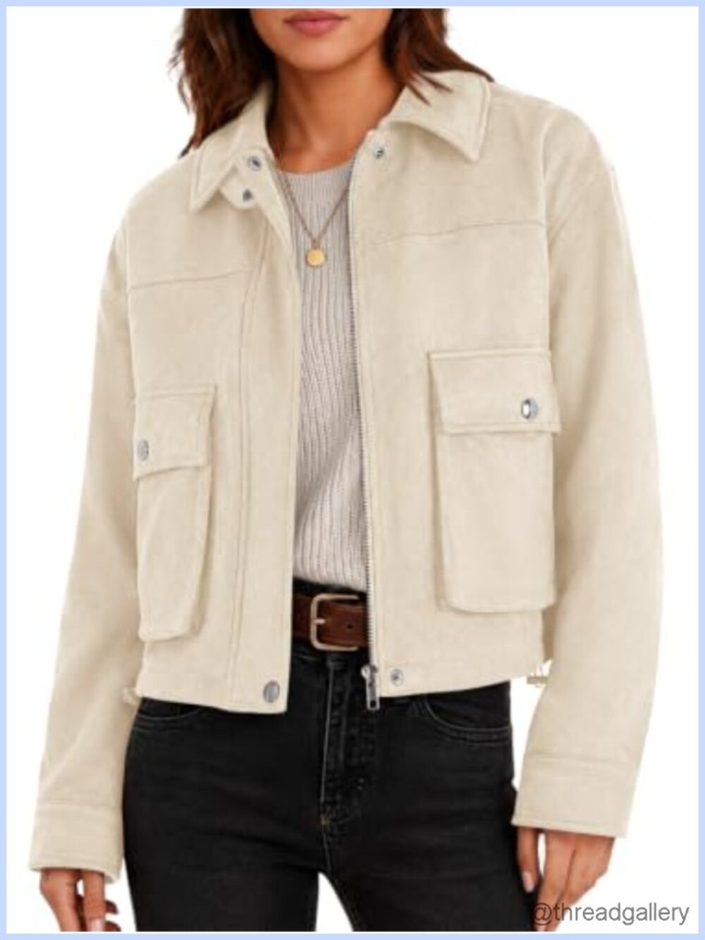 Faux Suede Cropped Bomber Jacket Zip Up Stand Collar Casual